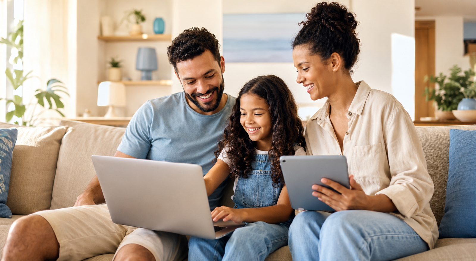 Família aproveitando a internet em casa